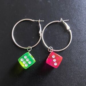 Handmade Dice Hoop Earrings with Green and Pink Charms